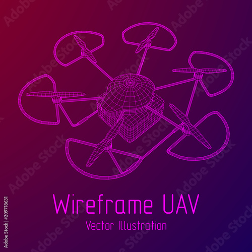 Remote control air drone. Dron flying with action video camera. Wireframe low poly mesh vector illustration