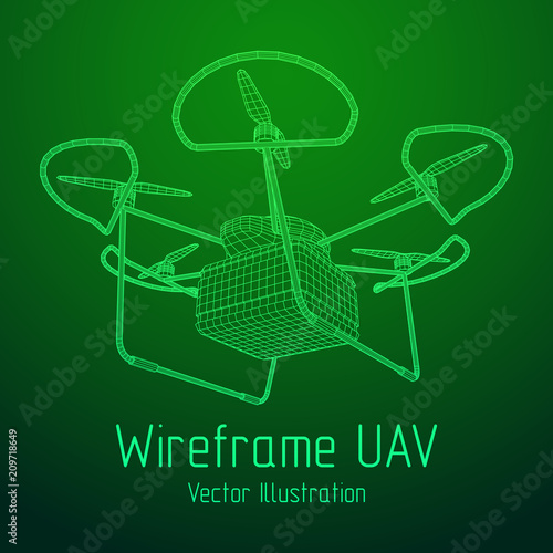 Remote control air drone. Dron flying with action video camera. Wireframe low poly mesh vector illustration