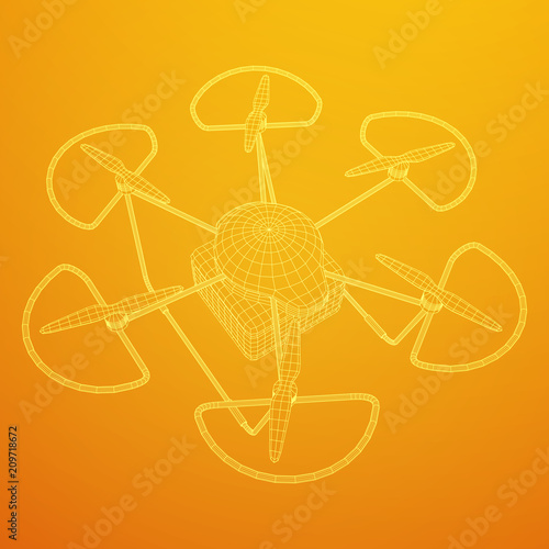 Remote control air drone. Dron flying with action video camera. Wireframe low poly mesh vector illustration