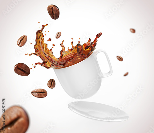 Coffee bean with splash of black coffee form White Cup, clipping path, 3d illustration.