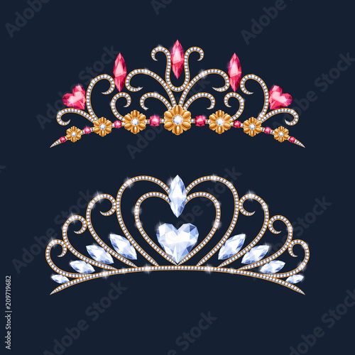 Tiara crowns set. Wedding diadem with diamonds and gems.