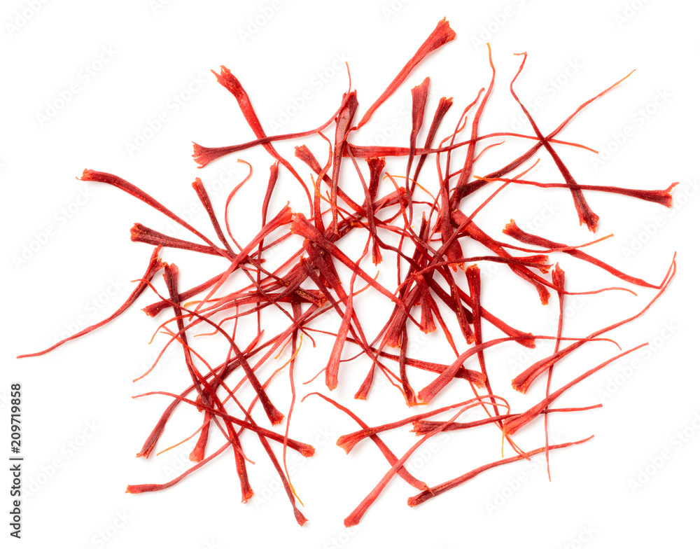Naklejka premium dried saffron threads isolated on white background, top view
