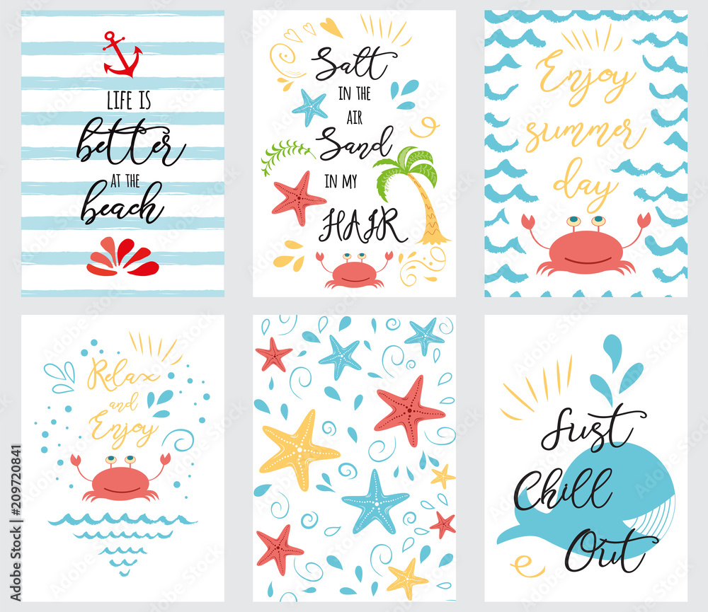 Set of hand drawn summer cards and banners sea ocean phrases summer time vacation
