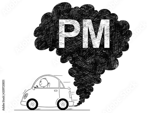 Vector artistic pen and ink drawing illustration of smoke coming from car exhaust into air. Environmental concept of PM or particulate matter pollution.