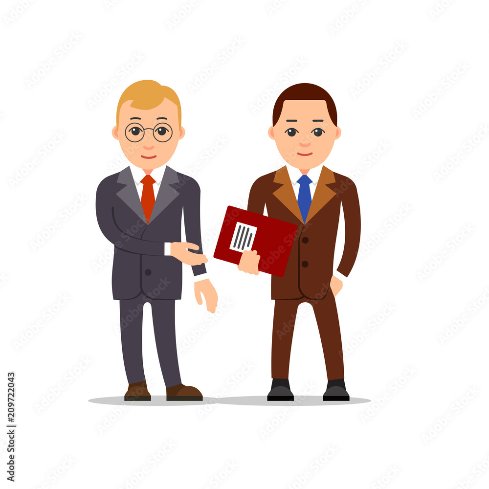 Business man. The boss presents his assistant. Second businessman standing and holds a folder of documents. Illustration isolated on white background in flat style Business man. The boss presents his assistant. Second businessman standing and holds a folder of documents. Illustration isolated on white background in flat style