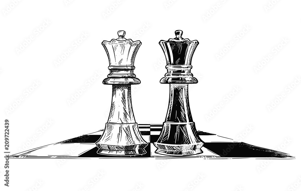 Vector artistic pen and ink drawing illustration of two chess kings, black and white, facing each other. Business concept of competition and decision.