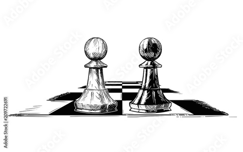 Vector artistic pen and ink drawing illustration of two chess pawns, black and white, facing each other. Business concept of competition and career.