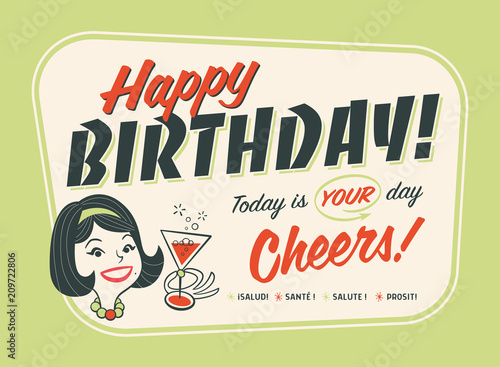 Vintage Style Happy Birthday Card - Cheers! 