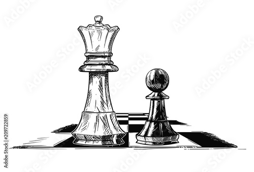 Vector artistic pen and ink drawing illustration of chess king and pawn facing each other. Business concept of competition and strategy.