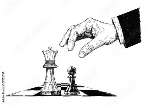 Vector artistic pen and ink drawing illustration of chess king and pawn facing each other. Hand is ready to play checkmate. Business concept of competition and strategy.