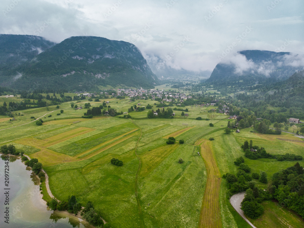 Rural landscape and Julian Alps, aerial view