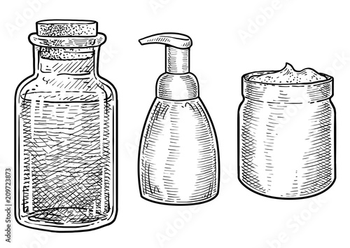 Cosmetics glass, can illustration, drawing, engraving, ink, line art, vector