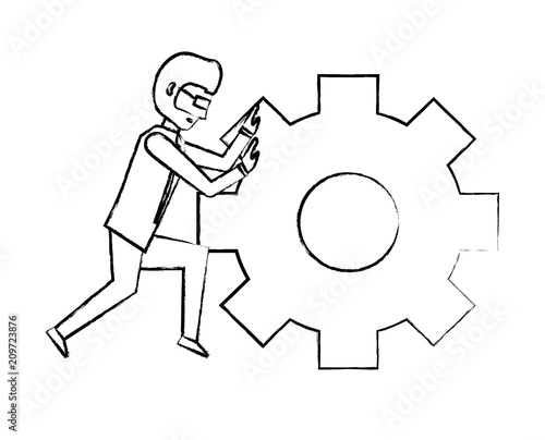 businessman pushing a gear wheel over white background, vector illustration