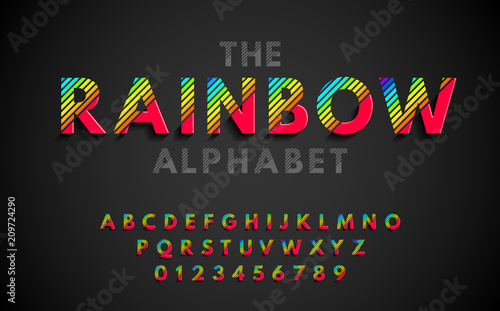Stylish modern abstract font and alphabet with numbers. Vector colorful rainbow font from strips.