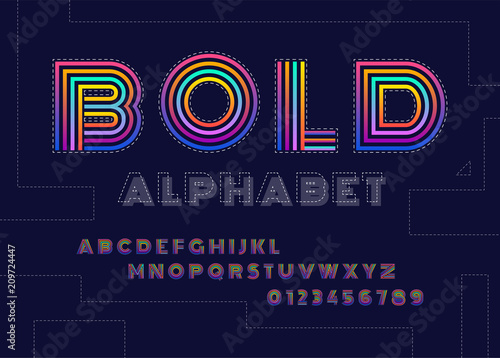 Stylized striped bold abstract retro alphabet and font of 80s, 90s with colorful stripes.