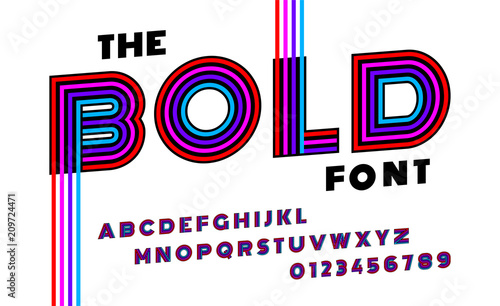 Stylized striped bold italic abstract retro alphabet and font of 80s, 90s with colorful stripes.