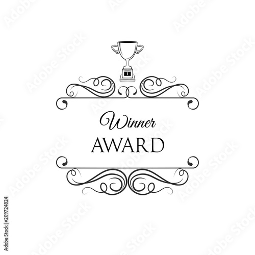 Champions Cup icon. Winner award badge. Decorations, swirls, scroll filigree elements, ornamental flourish frame. Triphy, Winner cup, Reward. Vector.
