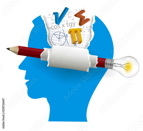 Smart solutions, Student of mathematics. 
Stylized Male Head silhouette with mathematics symbols and pencil with bulb. Vector available. 
