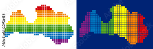 Dotted LGBT Latvia map variants. Vector geographic schemes in spectral colors with vertical and horizontal directions on white and blue backgrounds.