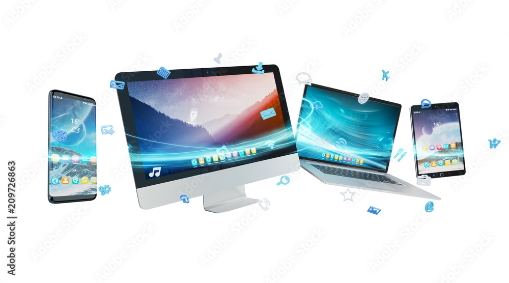 Tech devices and icons applications connected 3D rendering Tech devices and icons applications connected 3D rendering