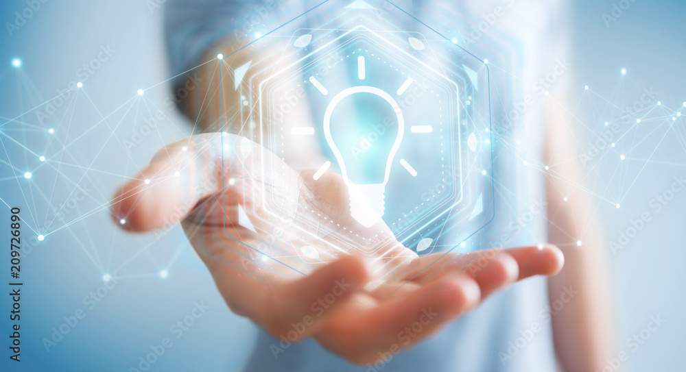 Businessman using lightbulb idea interface 3D rendering Businessman using lightbulb idea interface 3D rendering