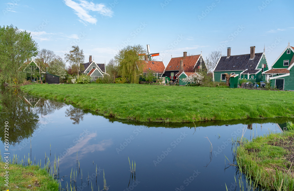 rural scenery of old houses and canal in Zaanse Schans, Netherlands