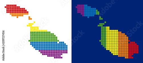 Dot LGBT Malta Island map versions. Vector geographic schemes in rainbow colors with vertical and horizontal directions on white and blue backgrounds.