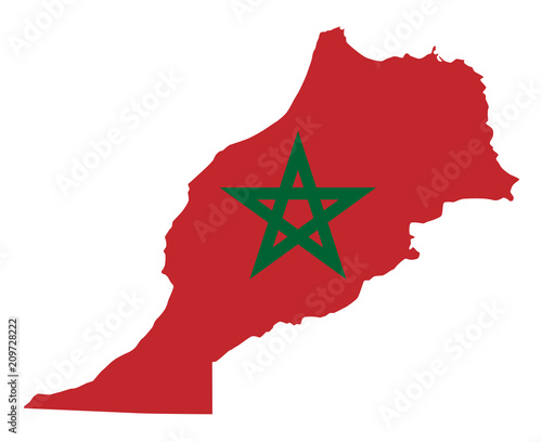 National flag of Morocco in the country silhouette. Moroccan state ensign. Red field and green pentagram. Sovereign state in Maghreb region of North Africa. Isolated illustration over white. Vector. photo