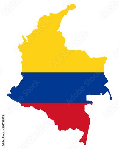 National flag of Colombia in the country silhouette. Colombian state ensign. Horizontal tricolour of yellow, blue and red. Republic in South America. Isolated illustration on white background. Vector
