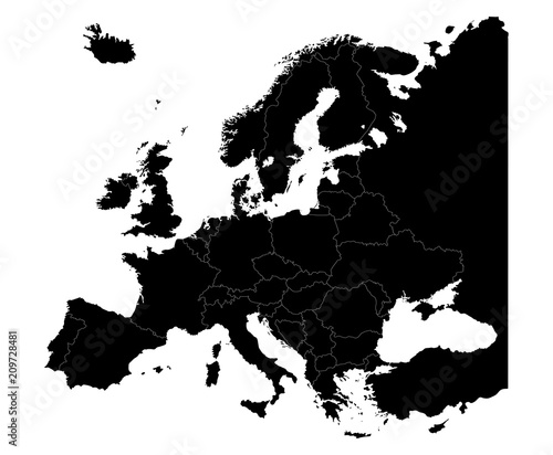 Map of Europe silhouette with country borders isolate on white