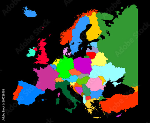 Map of Europe  with country borders isolate on black background