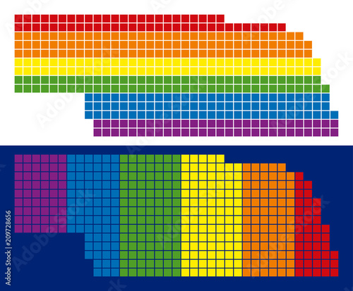 Dotted LGBT Nebraska State map variants. Vector geographic schemes in LGBT rainbow colors with vertical and horizontal directions on white and blue backgrounds. photo