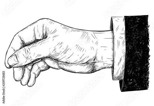 Vector artistic pen and ink drawing illustration of hand in suit holding something paper thin between pinch fingers.