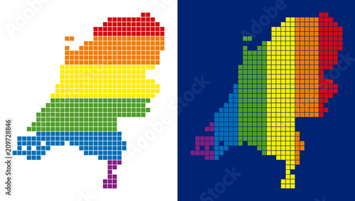 Dotted LGBT Netherlands map versions. Vector geographic plans in spectral colors with vertical and horizontal directions on white and blue backgrounds.