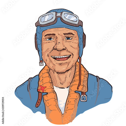Portrait of a pilot in a helmet. Isolated. Vector illustration