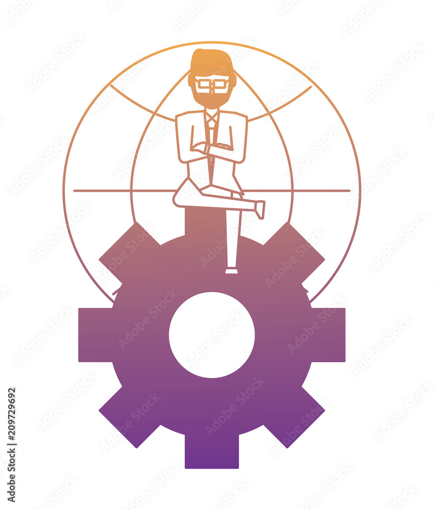 cartoon businessman sitting on gear wheel over global sphere and white background, vector illustration cartoon businessman sitting on gear wheel over global sphere and white background, vector illustration