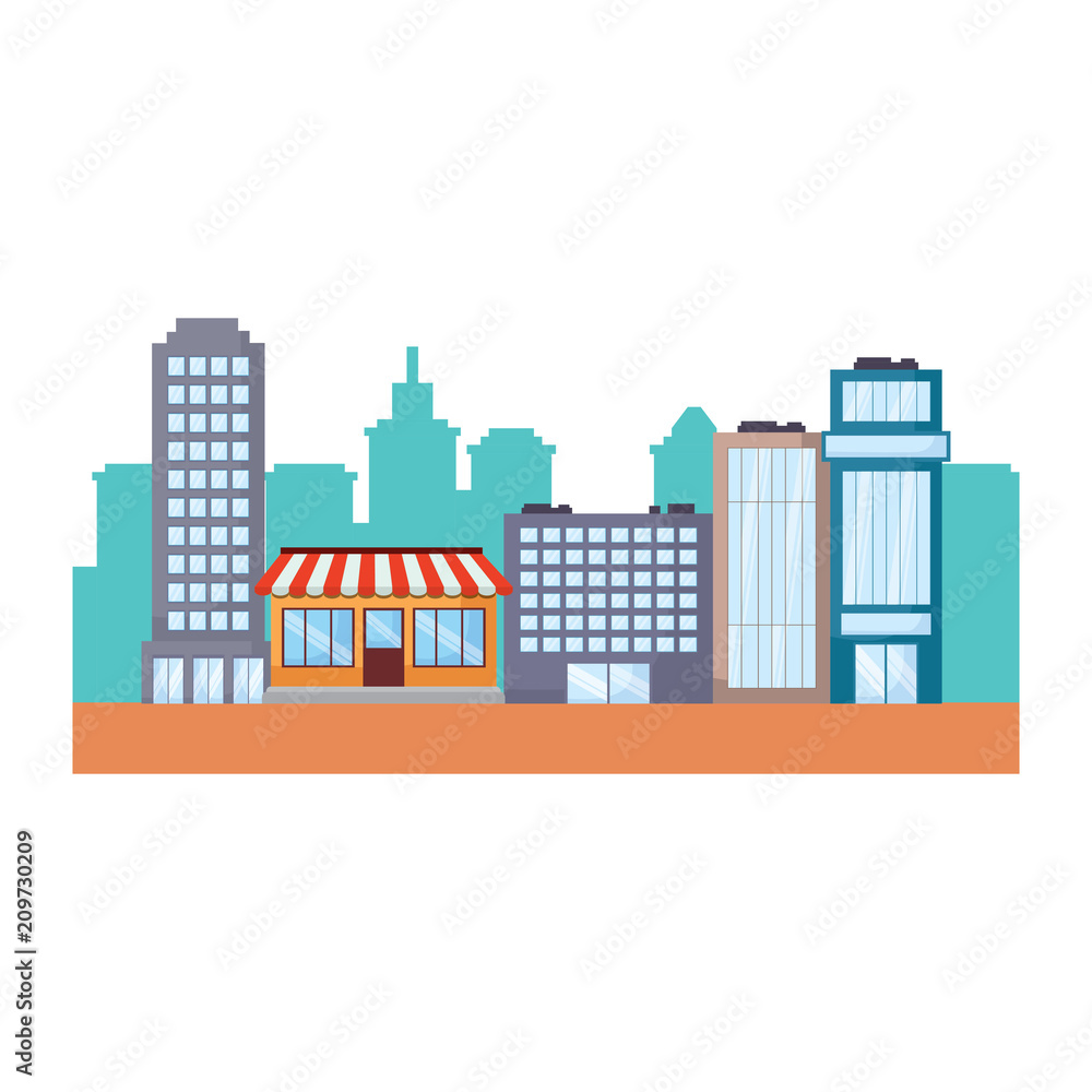 urban city with buildings and stores over white background, colorful design.  vector illustration