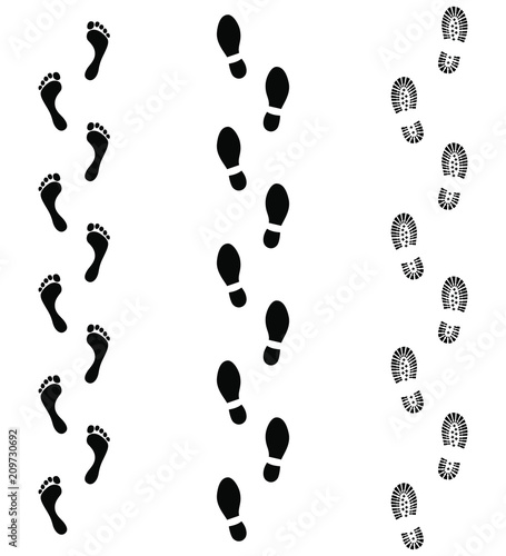 Set symbols footprints humans. Human foots trails. Black signs isolated on white background. Vector illustration photo