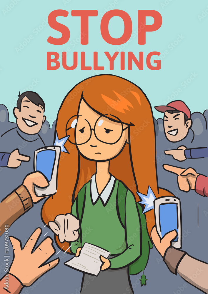 Stop school bullying poster. Phones and fingers pointing at schoolgirl