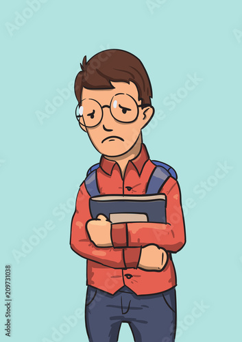 School nerd character in glasses holding books. Colored flat vector illustration. Isolated on blue background.