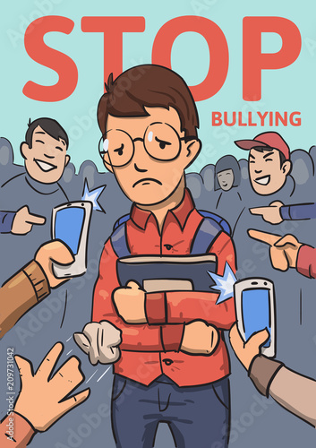 Stop school bullying poster. Phones and fingers pointing at schoolboy surrounded by laughing bullies. Colored flat vector illustration. Vertical.