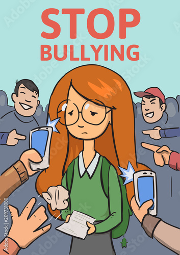 Stop school bullying poster. Phones and fingers pointing at schoolgirl surrounded by laughing bullies. Colored flat vector illustration. Vertical.