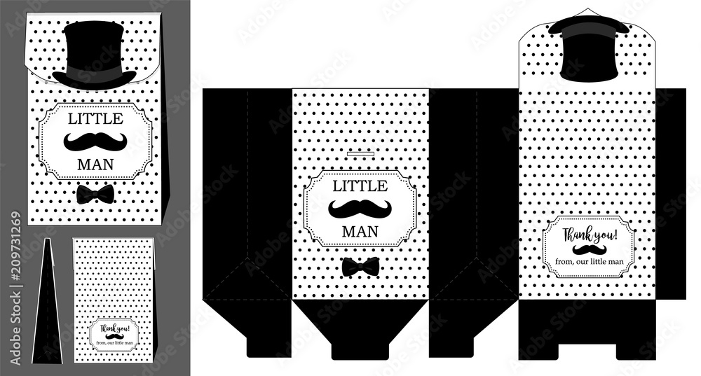 black hat mustache and bow tie printable template for little man s birthday baby shower boy party polka dots pattern print and cut fast folded craft bag favor gift vector paper favor package stock