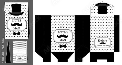 Black hat, mustache and bow tie. Printable template for little man's birthday(baby shower boy) party. Polka dots pattern. Print and cut. Fast folded. Craft bag favor gift. Vector paper favor package. 