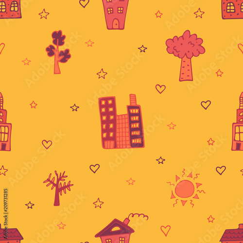 Orange seamless pattern with skyscrapers, houses and trees.