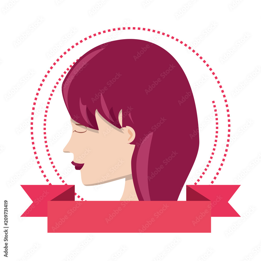 Emblem with decorative ribbon and profile of a woman icon over white background, colorful design. vector illustration Emblem with decorative ribbon and profile of a woman icon over white background, colorful design. vector illustration