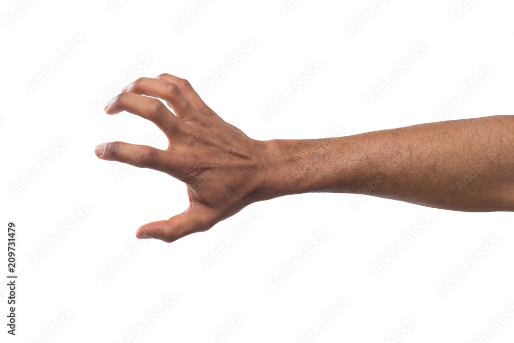 Black male hand picking up something, cutout Black male hand picking up something, cutout