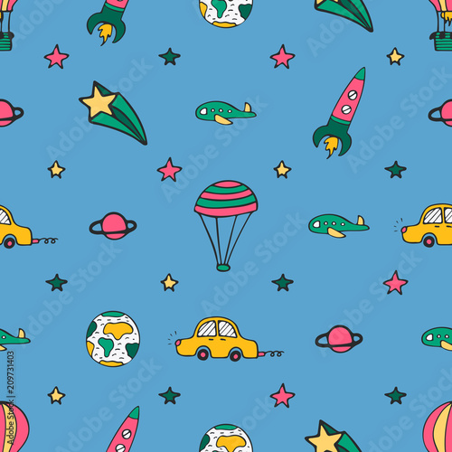 Blue seamless pattern for design with car, a rocket and balloons.