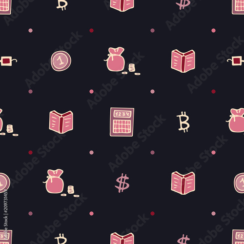 Dark seamless pattern for traders and brokers with the computer and cryptocurrency.