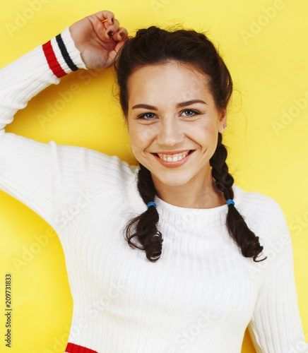 lifestyle people concept: pretty young school teenage girl havin photo